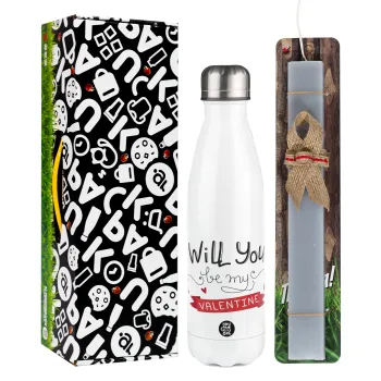 Will you be my Valentine???, Easter candle, metallic white thermos bottle (500ml) & aromatic flat candle (30cm) (GRAY)