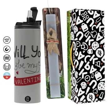 Will you be my Valentine???, Πασχαλινή Λαμπάδα με Travel Tumbler θερμό (600ml, BPA free) & κερί αρωματικό πλακέ (30cm) (ΓΚΡΙ)