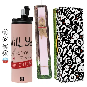 Will you be my Valentine???, Πασχαλινή Λαμπάδα με  ΡΟΖ Travel Tumbler θερμό (600ml, BPA free) & κερί αρωματικό πλακέ (30cm) (ΡΟΖ)