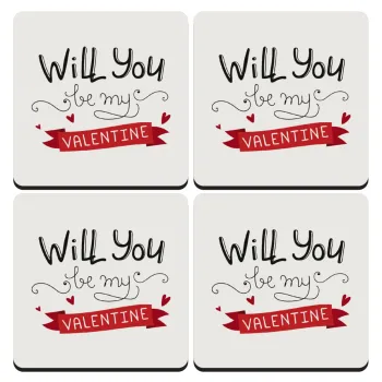Will you be my Valentine???, ΣΕΤ 4 Σουβέρ ξύλινα τετράγωνα (9cm)