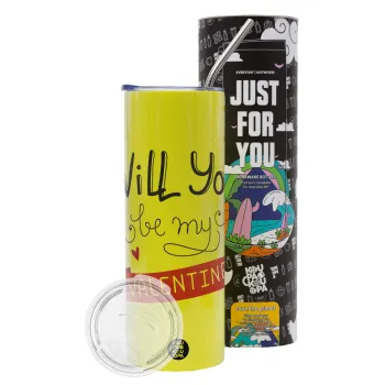 Will you be my Valentine???, Neon Yellow Travel Tumbler θερμό, μεταλλικό καλαμάκι(Ανωξείδωτο 304 Food grade, BPA free, 600ml)