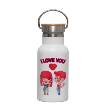 Couple, I love you, Metallic thermos (Stainless steel) White with wooden lid (bamboo), double-walled, 350ml