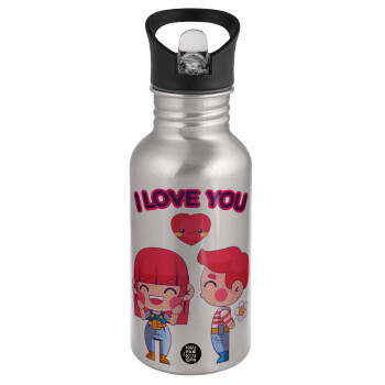 Couple, I love you, Water bottle Silver with straw, stainless steel 500ml