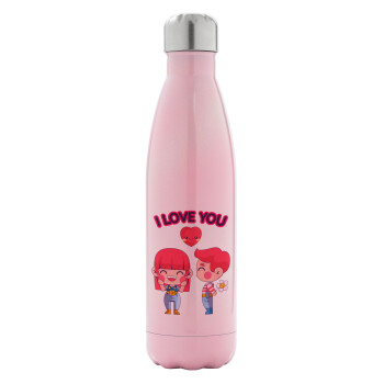 Couple, I love you, Metal mug thermos Pink Iridiscent (Stainless steel), double wall, 500ml