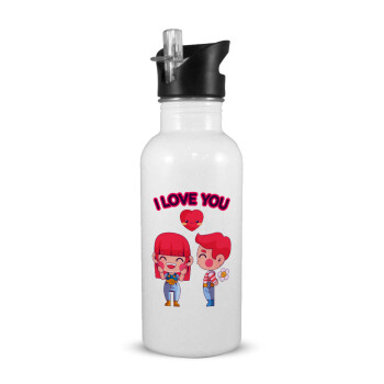 Couple, I love you, White water bottle with straw, stainless steel 600ml