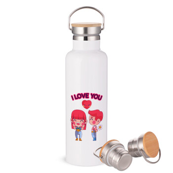 Couple, I love you, Stainless steel White with wooden lid (bamboo), double wall, 750ml