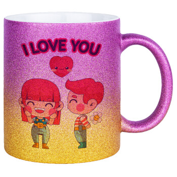 Couple, I love you, Κούπα Χρυσή/Ροζ Glitter, κεραμική, 330ml