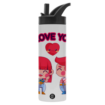 Couple, I love you, Μεταλλικό παγούρι θερμός με καλαμάκι & χειρολαβή, ανοξείδωτο ατσάλι (Stainless steel 304), διπλού τοιχώματος, 600ml