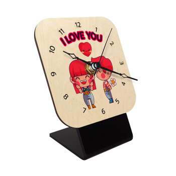 Couple, I love you, Επιτραπέζιο ρολόι σε φυσικό ξύλο (10cm)