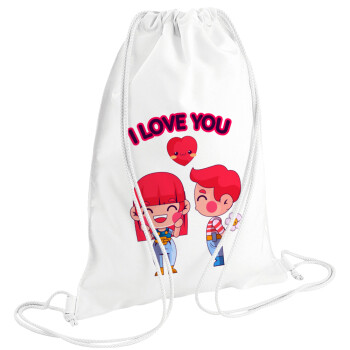 Couple, I love you, Τσάντα πλάτης πουγκί GYMBAG λευκή (28x40cm)