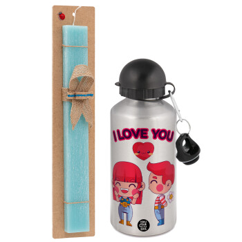 Couple, I love you, Easter Set, metallic silver aluminum water bottle (500ml) & scented flat Easter candle (30cm) (TURQUOISE)