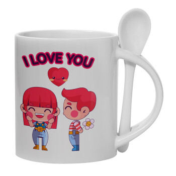 Couple, I love you, Ceramic coffee mug with Spoon, 330ml (1pcs)