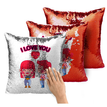 Couple, I love you, Μαξιλάρι καναπέ Μαγικό Κόκκινο με πούλιες 40x40cm περιέχεται το γέμισμα
