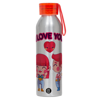 Couple, I love you, Αλουμινένιο Αθλητικό Μπουκάλι 650ml – Ασημί με Κόκκινο Καπάκι και Λουράκι Σιλικόνης