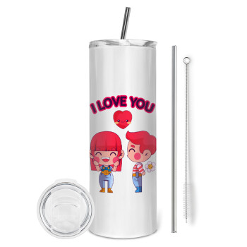 Couple, I love you, Eco friendly ποτήρι θερμό (tumbler) από ανοξείδωτο ατσάλι 600ml, με μεταλλικό καλαμάκι & βούρτσα καθαρισμού