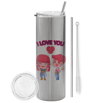 Couple, I love you, Eco friendly stainless steel Silver tumbler 600ml, with metal straw & cleaning brush