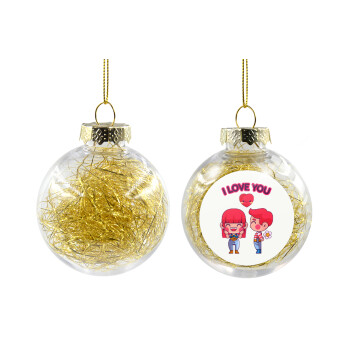 Couple, I love you, Χριστουγεννιάτικη μπάλα δένδρου διάφανη με χρυσό γέμισμα 8cm