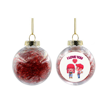 Couple, I love you, Χριστουγεννιάτικη μπάλα δένδρου διάφανη με κόκκινο γέμισμα 8cm