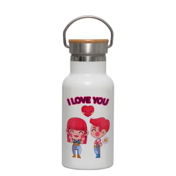 Couple, I love you, Μεταλλικό παγούρι θερμός (Stainless steel) Λευκό με ξύλινο καπακι (bamboo), διπλού τοιχώματος, 350ml