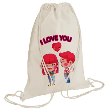 Couple, I love you, Τσάντα πλάτης πουγκί GYMBAG natural (28x40cm)