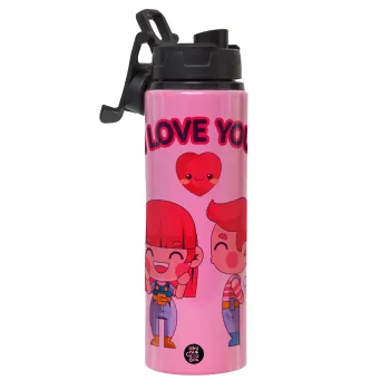 Couple, I love you, Μεταλλικό παγούρι νερού με καπάκι ασφαλείας, αλουμινίου 850ml