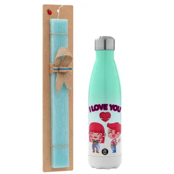 Couple, I love you, Easter Set, Metallic green/white thermos (Stainless steel), double-walled, 500ml & scented flat Easter candle (30cm) (TURQUOISE)