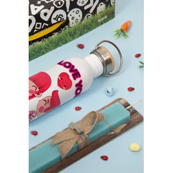 Couple, I love you, Πασχαλινή Λαμπάδα με παγούρι μεταλλικό Ασημένιο αλουμινίου (500ml) & κερί αρωματικό πλακέ (30cm) (ΤΙΡΚΟΥΑΖ)