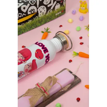 Couple, I love you, Πασχαλινή Λαμπάδα με παγούρι μεταλλικό (620ml, stainless steel) & κερί αρωματικό πλακέ (30cm) (ΡΟΖ)