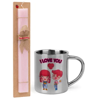 Couple, I love you, Easter Set, metallic thermal cup (300ml) & aromatic flat Easter candle (30cm) (PINK)