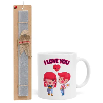 Couple, I love you, Πασχαλινή Λαμπάδα με Κούπα κεραμική (330ml) & κερί αρωματικό πλακέ (30cm) (ΓΚΡΙ)