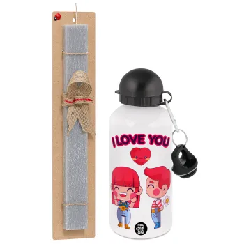 Couple, I love you, Easter Set, metallic aluminum water bottle (500ml) & aromatic flat Easter candle (30cm) (GRAY)