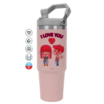 Couple, I love you, Pink color, 890ml (30oz) stainless Steel Tumbler with Handle