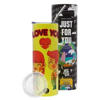 Couple, I love you, Neon Yellow Travel Tumbler θερμό, μεταλλικό καλαμάκι(Ανωξείδωτο 304 Food grade, BPA free, 600ml)