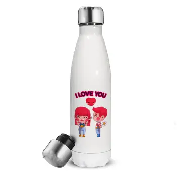 Couple, I love you, Metal mug thermos White (Stainless steel), double wall, 500ml