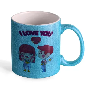 Couple, I love you, Κούπα Σιέλ Glitter που γυαλίζει, κεραμική, 330ml