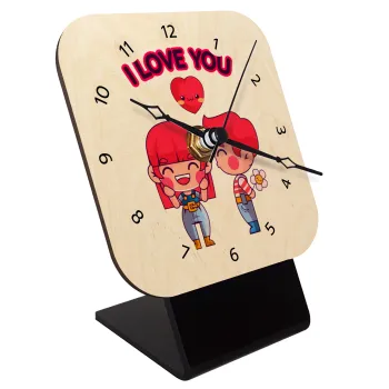 Couple, I love you, Επιτραπέζιο ρολόι σε φυσικό ξύλο (10cm)