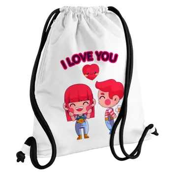 Couple, I love you, Backpack pouch GYMBAG white, with pocket (40x48cm) & thick cords