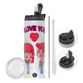 Couple, I love you, Travel Tumbler θερμό με διπλό καπάκι, μεταλλικό καλαμάκι και βούρτσα καθαρισμού (Ανωξείδωτο 304 Food grade, BPA free, 600ml)