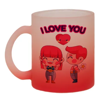 Couple, I love you, Κούπα γυάλινη δίχρωμη με βάση το κόκκινο ματ, 330ml