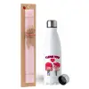 Easter Set, metallic stainless steel water bottle (750ml) & scented flat Easter candle (30cm) (PINK)