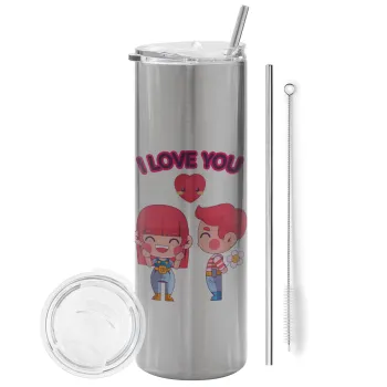 Couple, I love you, Tumbler stainless steel Silver 600ml, with metal straw & cleaning brush