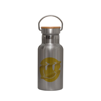 Smile avatar distrorted, Stainless steel metallic thermos flask, silver with a bamboo lid, double-walled, 350ml.