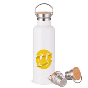 Smile avatar distrorted, Stainless steel White with wooden lid (bamboo), double wall, 750ml