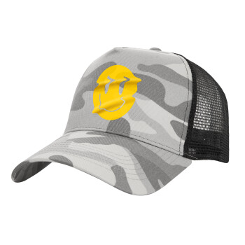 Smile avatar distrorted, Adult Structured Trucker Hat, with Mesh, (Camouflage) Army Camo (100% COTTON, ADULT, UNISEX, ONE SIZE)
