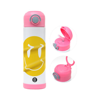 Smile avatar distrorted, Children's hot water bottle, stainless steel, with safety straw, PINK (500ml)