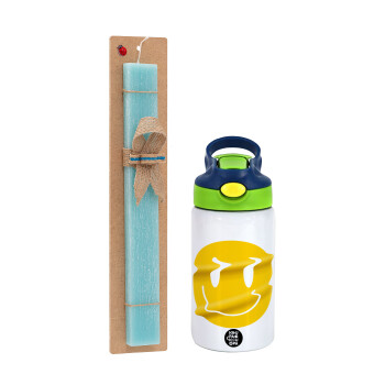 Smile avatar distrorted, Πασχαλινό Σετ, Παιδικό παγούρι θερμό, ανοξείδωτο, με καλαμάκι ασφαλείας, πράσινο/μπλε (350ml) & πασχαλινή λαμπάδα αρωματική πλακέ (30cm) (ΤΙΡΚΟΥΑΖ)