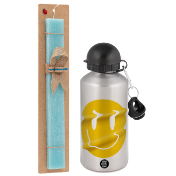 Smile avatar distrorted, Easter Set, metallic silver aluminum water bottle (500ml) & scented flat Easter candle (30cm) (TURQUOISE)