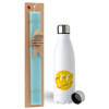 Easter Set, metallic stainless steel water bottle (750ml) & aromatic flat Easter candle (30cm) (TURQUOISE)