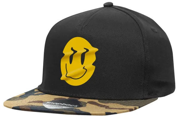 Smile avatar distrorted — Adult Flat Snapback Hat Black/Camouflage, (100% COTTON TWILL, ADULT, UNISEX, ONE SIZE)