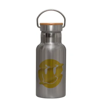 Smile avatar distrorted, Stainless steel metallic thermos flask, silver with a bamboo lid, double-walled, 350ml.